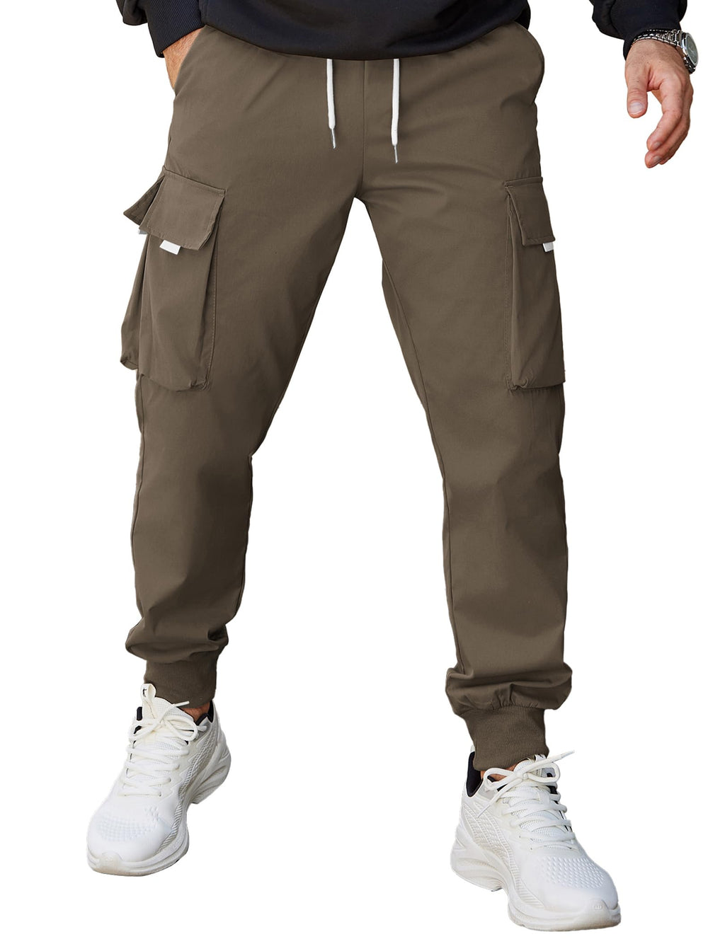 COOFANDY Mens Cargo Pants Elastic Waist Drawstring Tapered Cargo Joggers Lightweight Cargo Pants Light Brown 40W