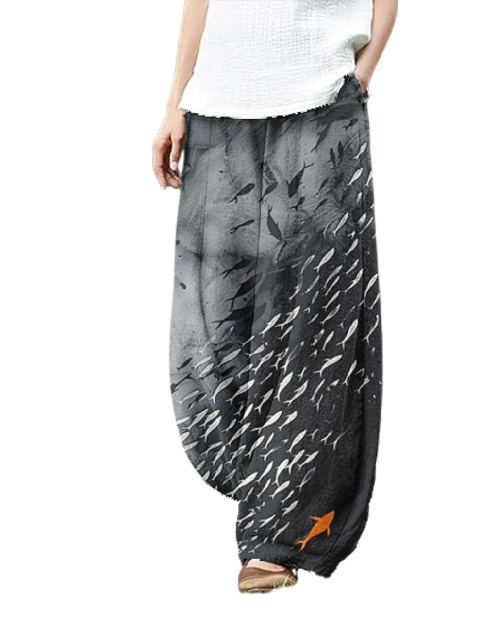 Ocean Print Cargo Pants for Women Cotton Linen Japanese Baggy Trouser Casual Boho Oil Painting Pants Wide Leg