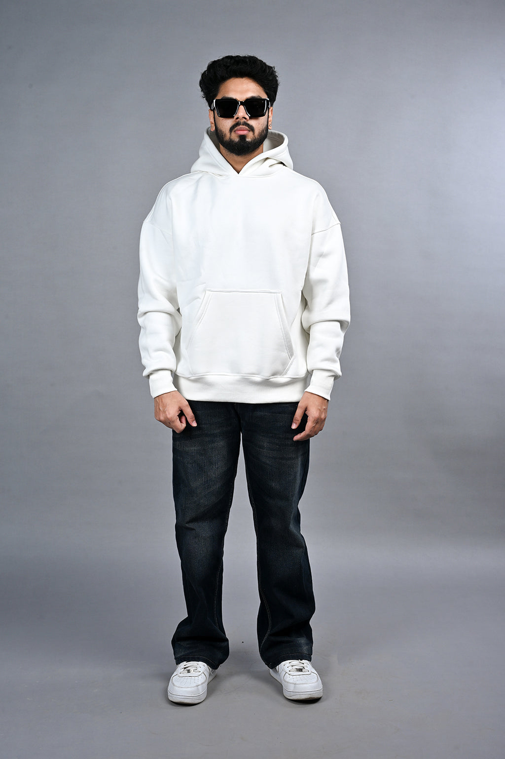 Off White Solid Hoodie for Men  - Oversized Hoodies