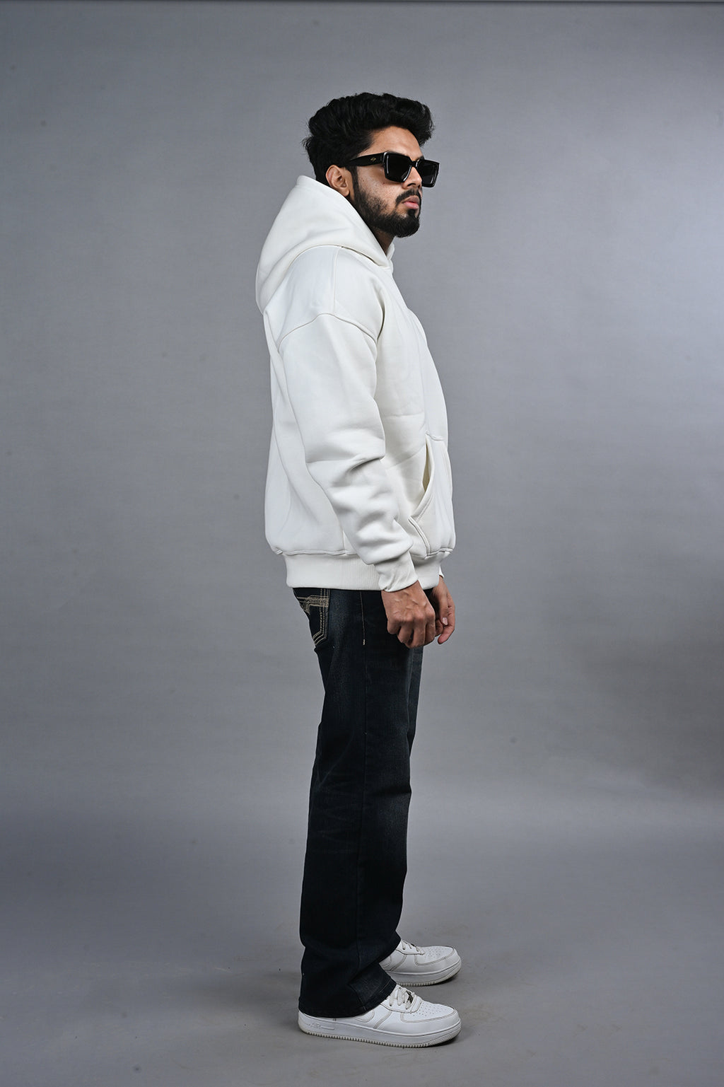 Off White Solid Hoodie for Men  - Oversized Hoodies