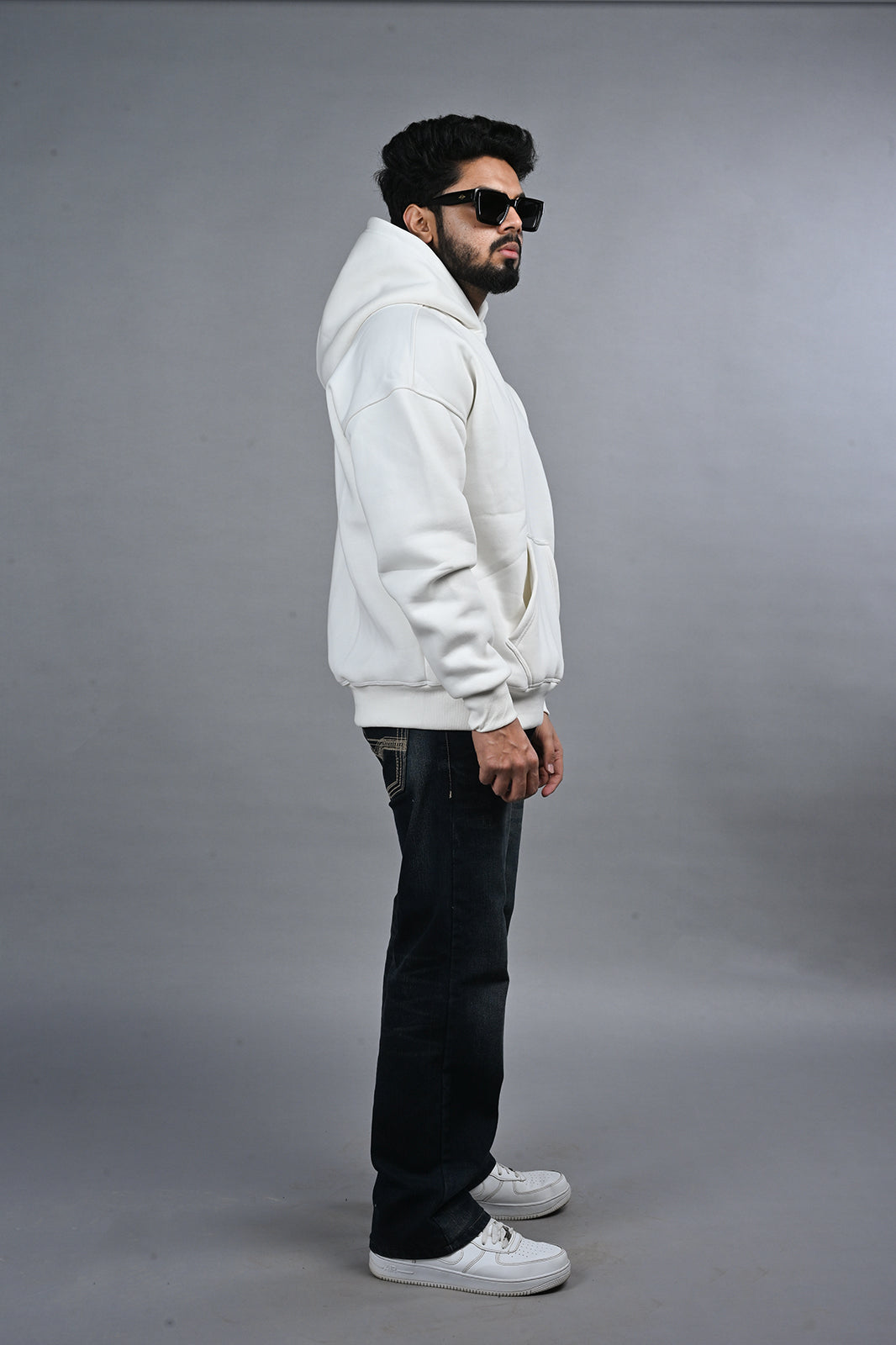 Off White Solid Hoodie for Men  - Oversized Hoodies