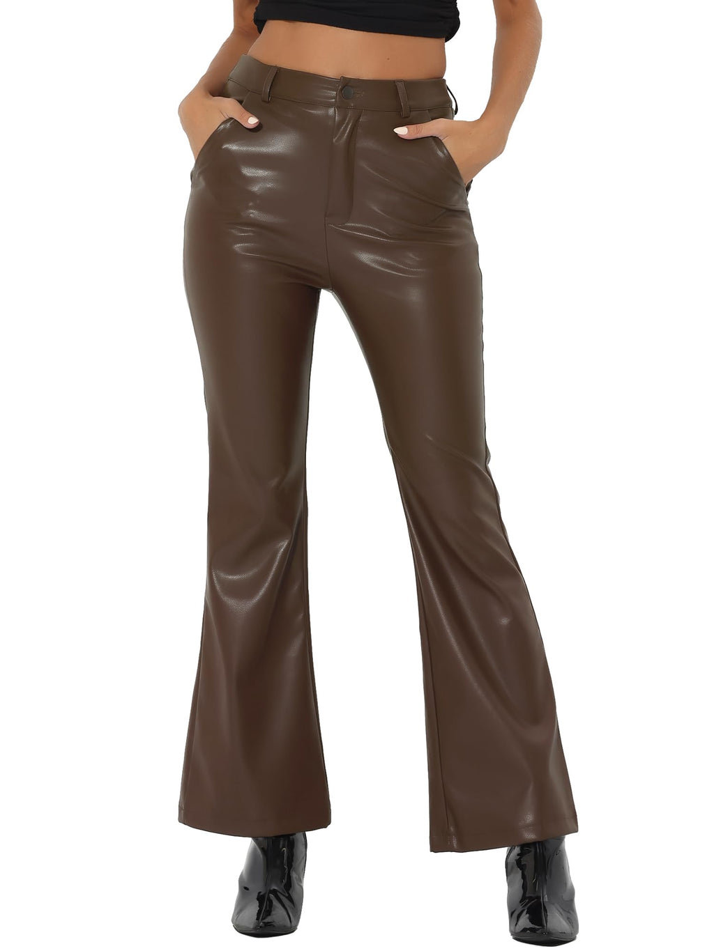 Allegra K Faux Leather Casual Pant for Womens High Waist Bell Bottom Flared Long PU Trouser Medium Coffee