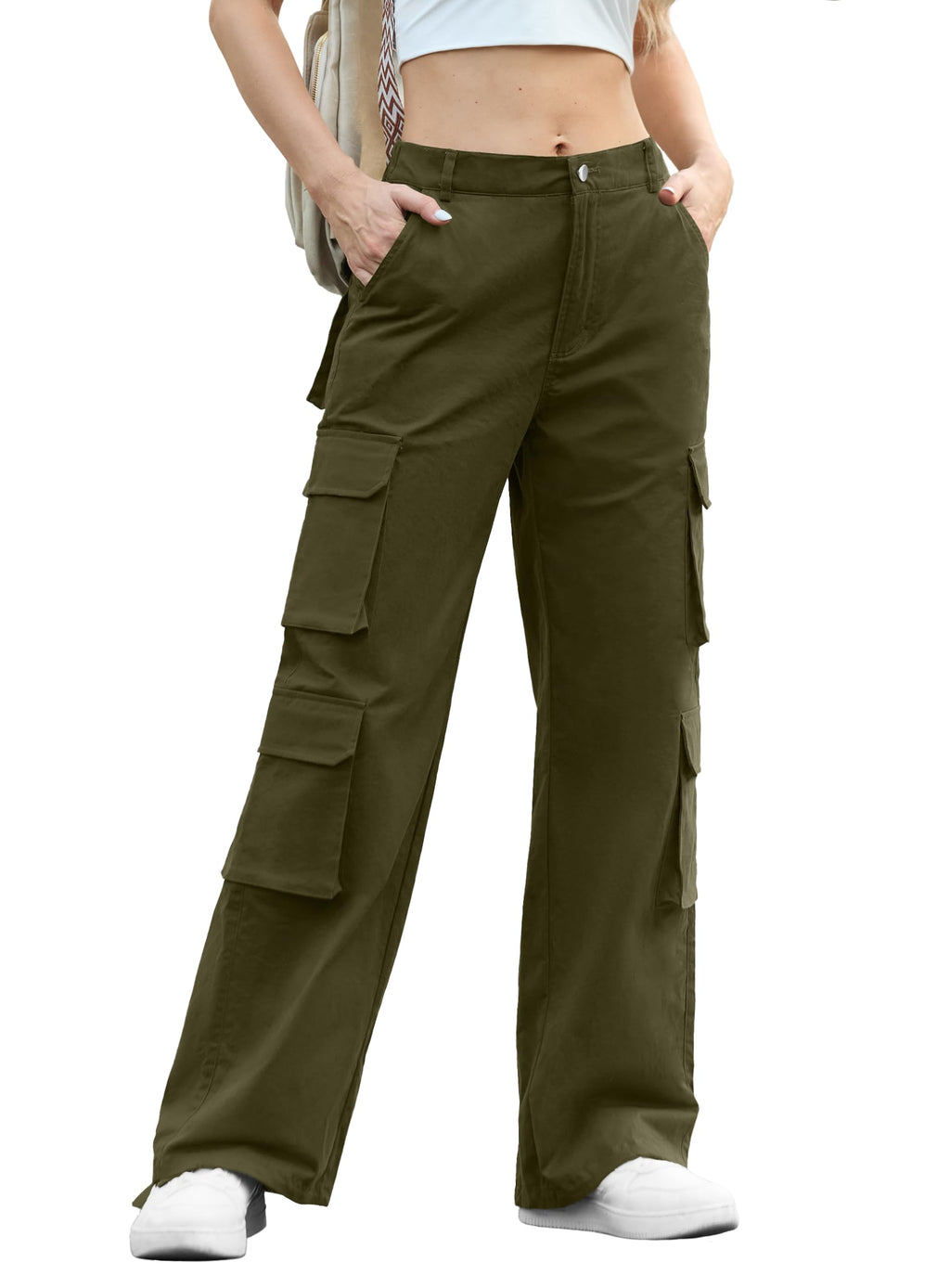 Women 8 Pockets High Waisted Cargo Pants Wide Leg Casual Pants Combat Military Trouser Army Green