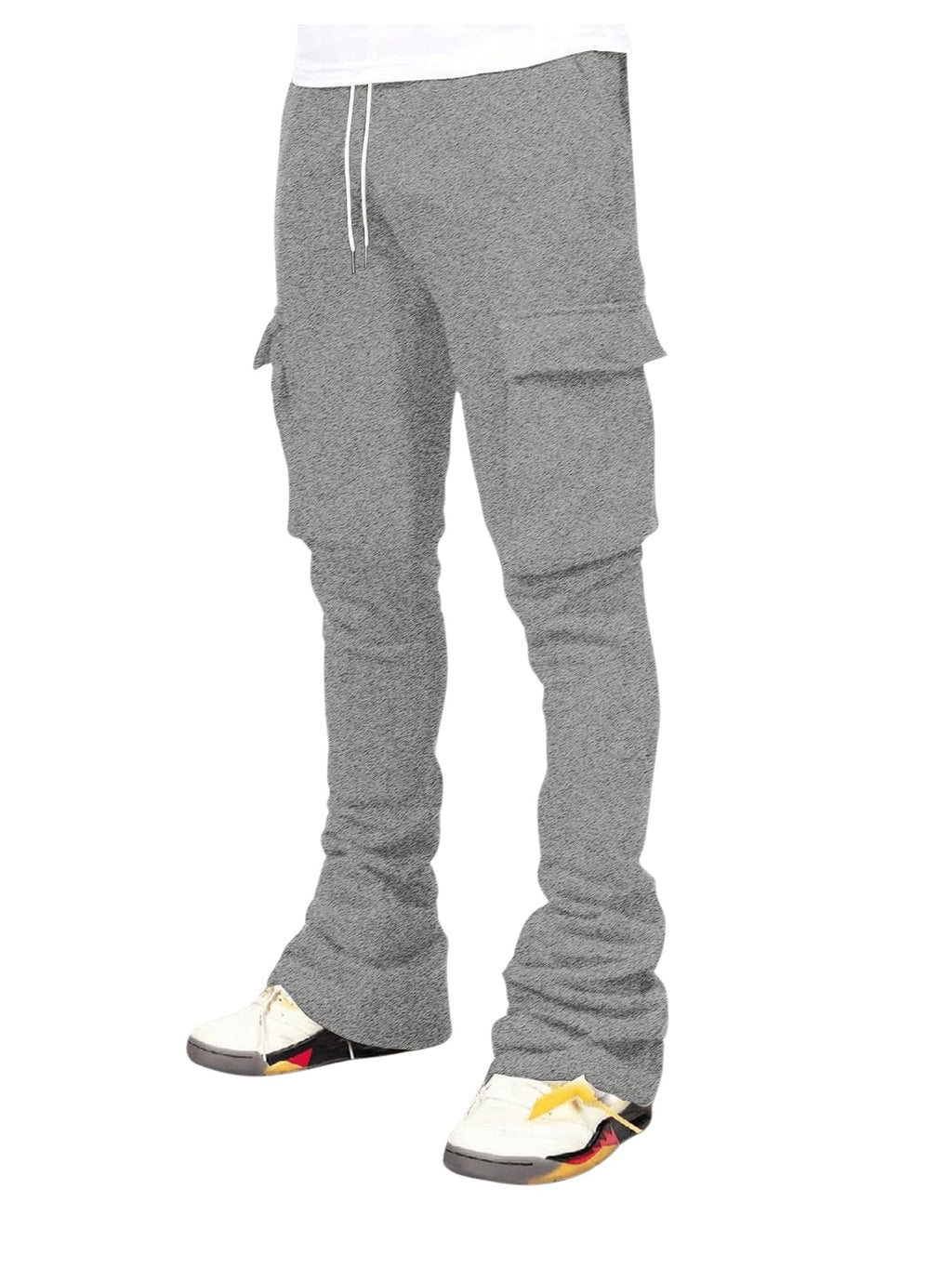 GORGLITTER Mens Stacked Flared Pants Baggy Cargo Elastic Drawstring Regular-Fit Trouser Y2K Wide Leg Street Pants Solid Grey Medium